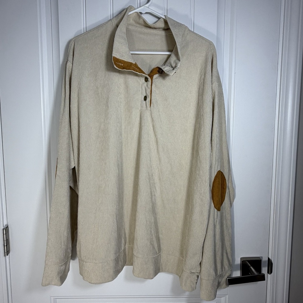 Women's Beige Corduroy Pullover Sweatshirt Tan Elbow Patches Size‎ 2XL